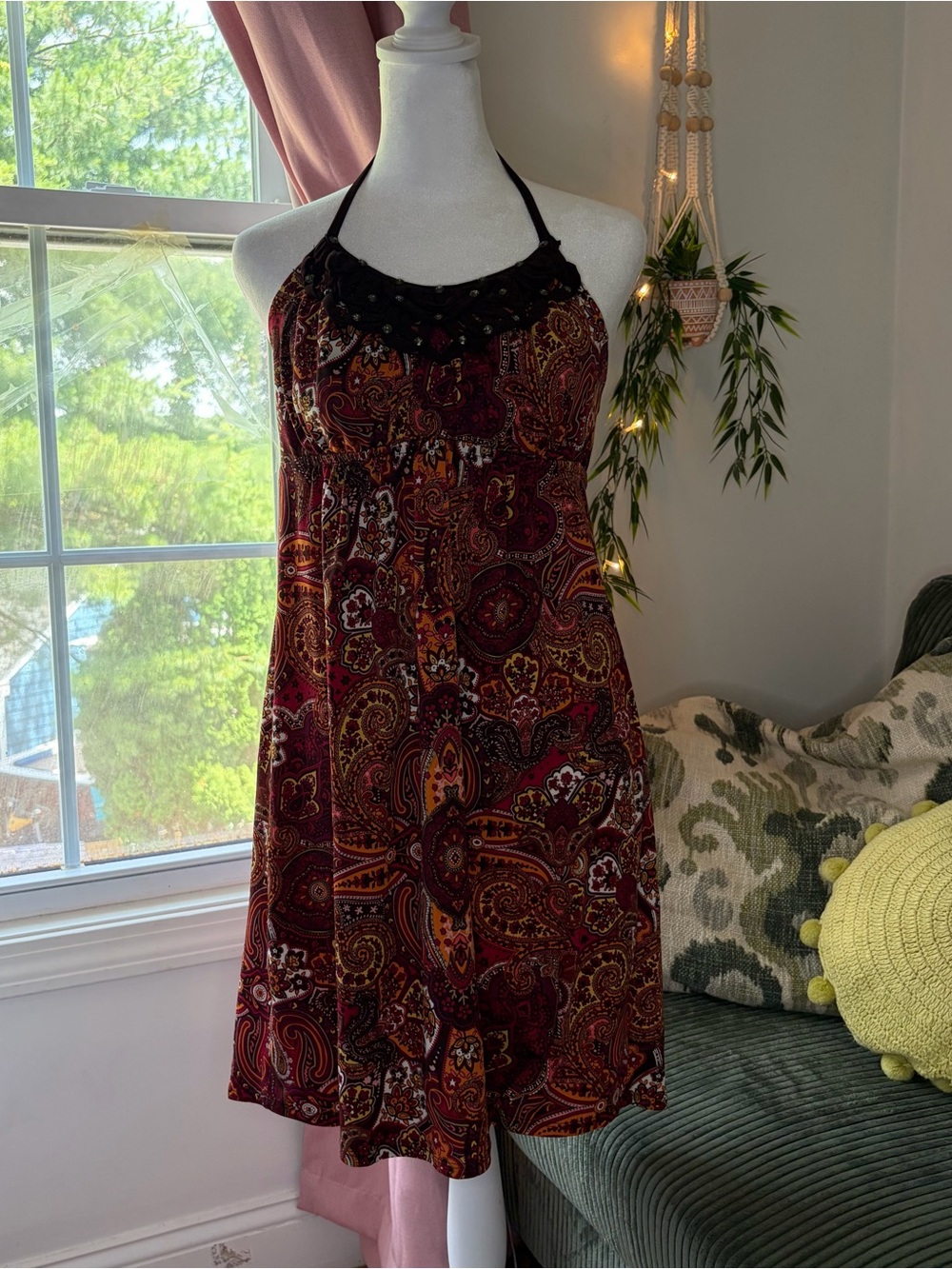 HeartSoul Paisley Halter Dress in Burgundy, Orange and Black